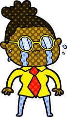 cartoon crying woman wearing spectacles