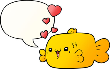 cute cartoon fish with love hearts with speech bubble in smooth gradient style