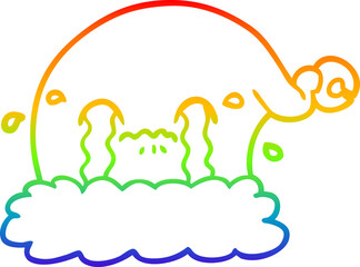 rainbow gradient line drawing of a cartoon christmas santa hat crying