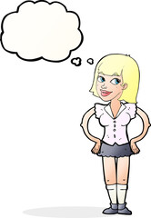 cartoon woman with hands on hips with thought bubble