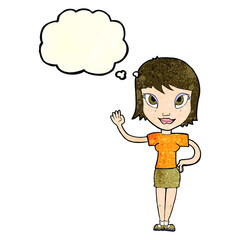 cartoon woman waving with thought bubble