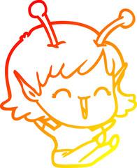 warm gradient line drawing of a cartoon alien girl laughing