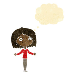 cartoon woman shrugging shoulders with thought bubble