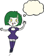 cartoon happy vampire girl with thought bubble