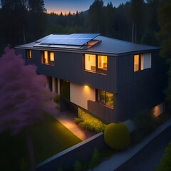 Aerial view single family house with solar panels at night, sustainability concept | Made using Generative AI