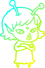 cold gradient line drawing of a pretty cartoon alien girl