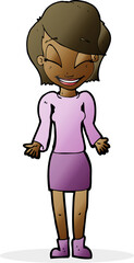 cartoon happy woman shrugging shoulders