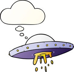 cartoon flying UFO with thought bubble in smooth gradient style