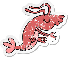 distressed sticker of a quirky hand drawn cartoon happy shrimp