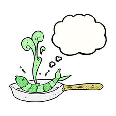 freehand drawn thought bubble cartoon frying fish