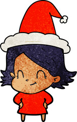 hand drawn textured cartoon of a friendly girl wearing santa hat