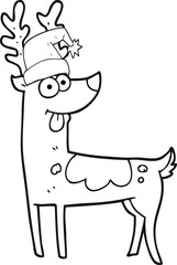 freehand drawn black and white cartoon crazy reindeer