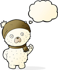 cartoon cute polar bear in winter hat and scarf with thought bubble