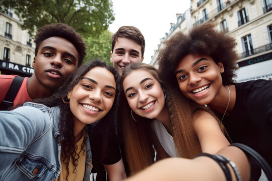 Generative AI of a happy group of friends taking a selfie on their student trip in Paris
