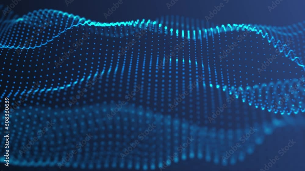 Poster waving blue glowing cybernetics connecting lines with wireframe wave background. beautiful abstract 