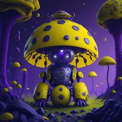 Obraz na płótnie Canvas Yellow little robot in the forest. Surrounded by mushrooms. Moonlight landscape. Generative A.I