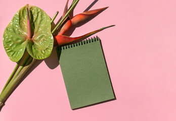 Green paper spiral notepad with anthurium or flamingo flower, a pen on the pink background. Business concept flat lay card. Copy space