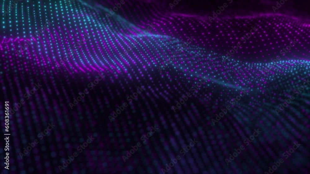 Poster abstract blue and purple digital particles wave and digital data network connections for a technolog