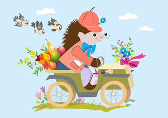 Hedgehog in a car with a bouquet of flowers and fruits