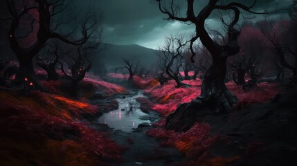 Fototapeta premium Fantasy, mystical landscape. Strange spooky magical forest