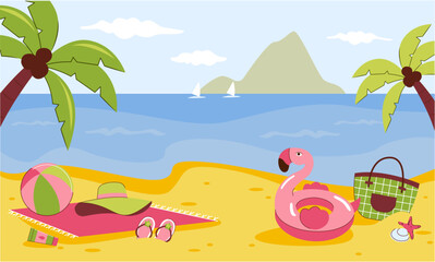 Fototapeta na wymiar Beach scene with summer accessories. Vacation at the sea. Summer holidays at the sea. Vector illustration