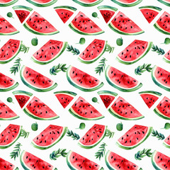 watermelon watercolor seamless pattern print, food illustration. Generative AI