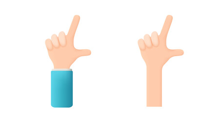 Hand gesture number Two. Counting with fingers. Thumb and forefinger are unclenched. Hand in 3D cartoon style isolated on white background. 3d vector illustration