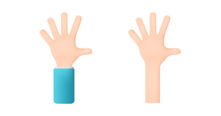 Obraz premium Hello - hand gesture.The finger count is number five. All fingers unclenched. Hand isolated on white. 3D cartoon friendly funny style. 3d vector illustration