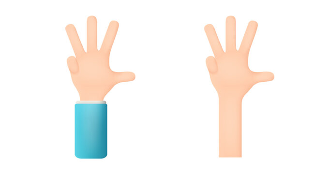 Hand gesture number four. Counting on fingers. Thumb, index, middle, ring fingers are unclenched. Hand in 3D cartoon style isolated on white background. 3d vector illustration