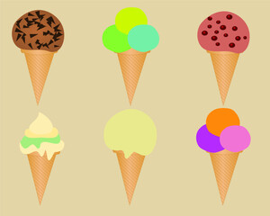 Ice cream balls in a waffle cone. Vector. Set of colorful ice cream. Ice cream collection.