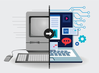 Computer laptop technology evolution before after transition vector