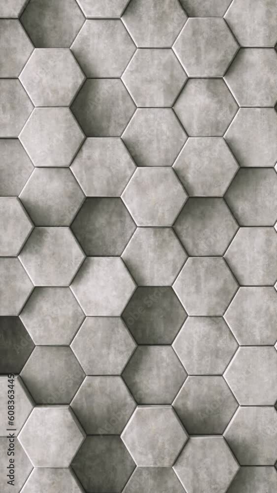 Poster 3d vertical animation loop concrete hexagon tiled wall as geometric background