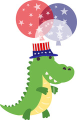 Crocodile in a hat with balloons in the colors of the flag of America.