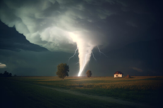 Tornado funnel and lightning over field during thunderstorm, created with Generative AI Technology
