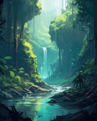 Deep jungle with lush tropical rainforest. (Illustration, Generative AI)