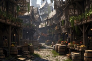 The small medieval fantasy village illustrated in medieval style. (Illustration, Generative AI)