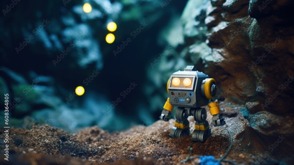 Poster a toy robot sitting on top of a rock. generative ai image.