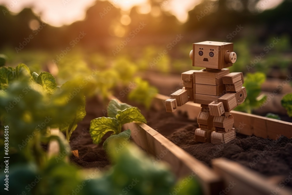 Poster a robot made out of cardboard standing in a garden. generative ai image.
