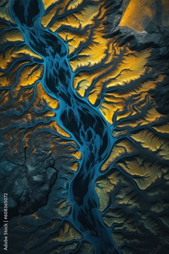 Poster an aerial view of a river running through a valley. generative ai image.