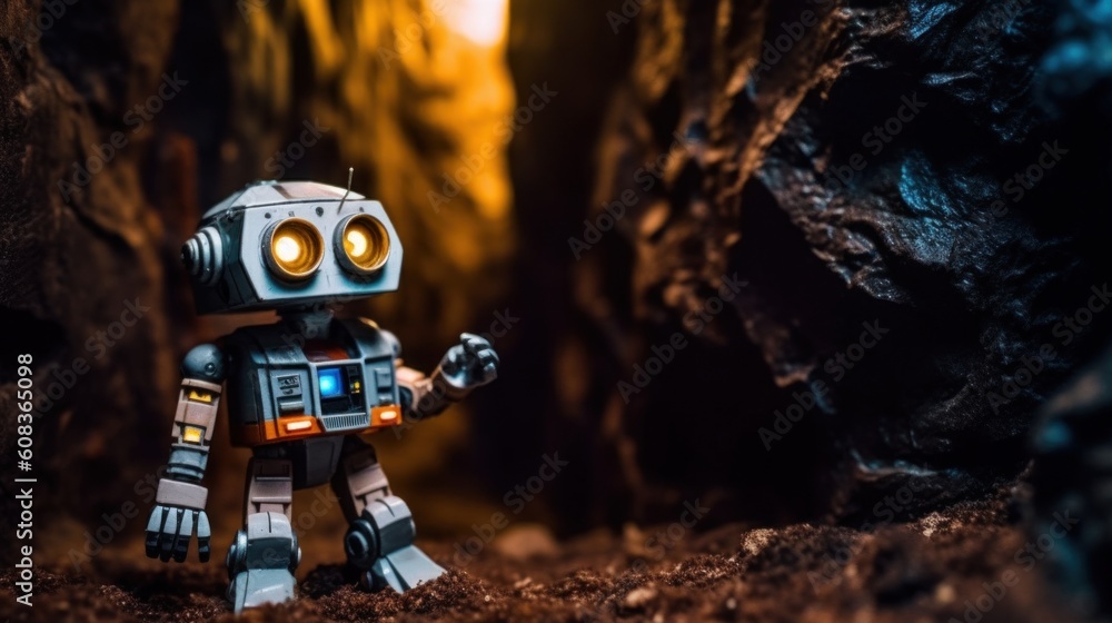 Poster a toy robot standing in the middle of a tunnel. generative ai image.