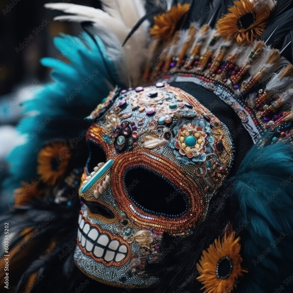 Poster a close up of a mask with feathers on it. generative ai image.