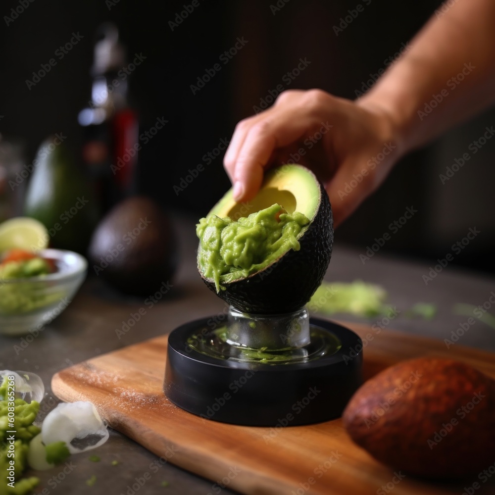 Poster a person squeezing an avocado into a bowl. generative ai image.