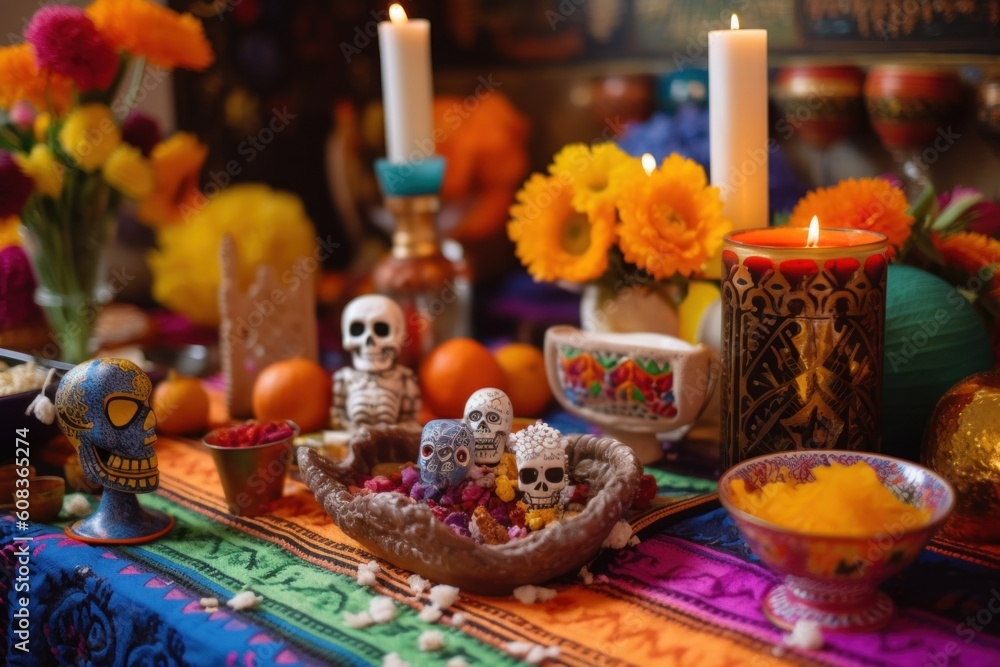 Poster a table topped with a bowl of fruit and candles. generative ai image.