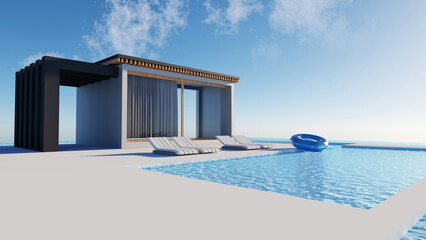 Fototapeta na wymiar 3D render modern and luxury building architecture design concept, summer villa house residence and private with swimming pool and sea view, private zone, hotel or resort with space for sunbathing.