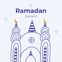 Poster for Ramadan Kareem in childish naive style. Islamic greeting card with mosque, moon crescent, stars in the sky. Template for banner, website design, media for Ramadan month events