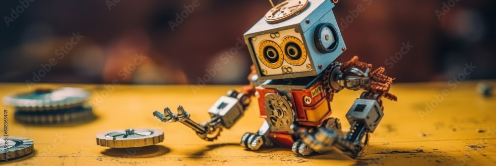 Poster a toy robot sitting on top of a table. generative ai image.