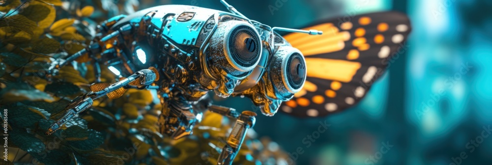 Poster a close up of a bug with a butterfly in the background. generative ai image.