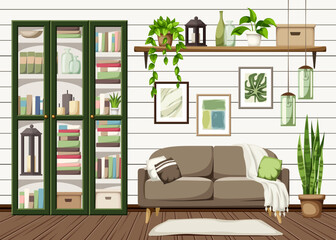 Living room interior with a sofa, a green bookcase, houseplants, and pendant light. Scandinavian interior design. Cartoon vector illustration