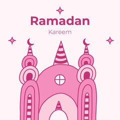 Poster for Ramadan Kareem in childish naive style. Islamic greeting card with mosque, moon crescent, stars in the sky. Template for banner, website design, media for Ramadan month events