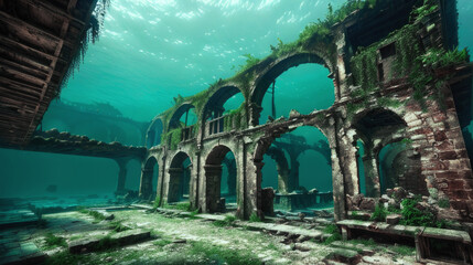 ruined architectural structures at the bottom of the ocean